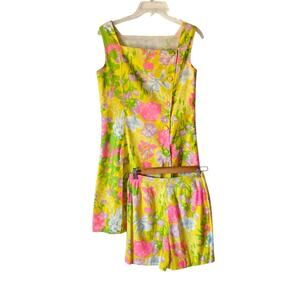Vintage 1960s Matching Top Short Set Yellow Pink Floral size 4-6 Small